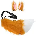 Detailed view of faux fur orange fox tail with white tip and matching plush clip-on ears - Two-Piece Set / Light Yellow + White