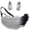 Detailed view of grey and black faux fur fox tail and ears set for cosplay costumes - Two-Piece Set / Grey + Black