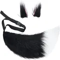 Macro detail of faux fur anime cosplay set featuring black and white fox tail and cat ears - Two-Piece Set / Black + White