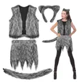 Halloween grey furry cat costume 4-piece set including vest, skirt, ears and tail - Set / Adult 6-Piece Set