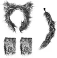 Four-piece grey faux fur wolf costume set with ear headband, tail, and two furry cuffs. - Wolf 3-Piece Set