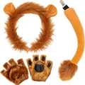 Lion costume set featuring a furry mane headband with ears, a long tail, and paw gloves - Large Lion 4-Piece Set