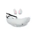 Detailed view of white faux fur animal ears and a plush tail with an adjustable waist strap - Two-Piece Set / White