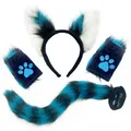 Faux fur fox wolf ears headband tail and paws set with vibrant teal and black stripes - Four-Piece Set / Blue & White