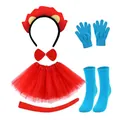 Panoplie cosplay chat rouge et bleu pour Halloween avec tutu, bandeau, queue et chaussettes - Serre-tête Rouge et Blanc Ensemble de 6 Pièces