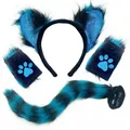 Detailed view of 4-piece blue glitter faux fur animal ear and tail cosplay accessory set - Sequin 4-Piece Set / Blue