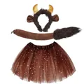 3-piece brown ox costume set with gold horn headband, plush tail, and star tutu skirt - Bull (Set) / Three-Piece Set