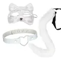 Three-piece white faux fur cosplay set with lace cat mask heart choker and fluffy tail - White 3-Piece Set (Mask)