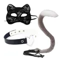 Sexy cat cosplay set including black lace mask, heart choker and long faux fur tail - Gray 3-Piece Set (Mask)