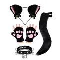 Complete black furry cat ear headband tail and paw set for Halloween cosplay costume - Four-Piece Set / Black