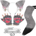Detail of gray plush fox ears, tail, and paws cosplay set for Halloween costumes - Four-Piece Set / Gray