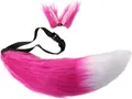 Premium pink and white faux fur fox tail and ears cosplay set with adjustable belt - Two-Piece Set / Rose Red+White