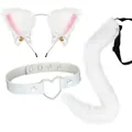 White faux fur cat ear headband with tail and heart choker cosplay set. - White 3-Piece Set