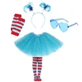 Complete 1980s blue tutu party costume set with striped leggings and heart glasses - Set / Five-Piece Set / Blue