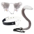 Grey and white faux fur cosplay accessory set including cat ears, tail, and choker - Grey 3-Piece Set