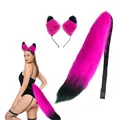 Vibrant pink faux fur fox tail and cat ears headband set for Halloween cosplay costumes. - Two-Piece Set / Rose Red and Black