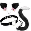 Black faux fur cat ears and tail cosplay set with heart choker for Halloween party - Black 3-Piece Set