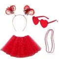 Red 1980s themed party costume set with heart headband sunglasses tutu skirt and necklace - Set / Four-Piece Set / Red