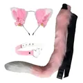 Faux fur animal ears and tail set with heart choker for Halloween cosplay - Pink 3-Piece Set