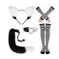 Halloween black and white furry cat ear headband with matching tail and socks set - Black And White 5-Piece