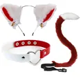 Red and white faux fur cat ear headband, heart choker, and tail cosplay accessory set - Wine Red 3-Piece Set