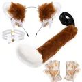Detailed view of the 4-piece fox cosplay set including ears, tail, gloves and choker - Four-Piece Set / Brown