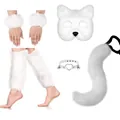 White faux fur cosplay set with fox mask, tail, leg warmers, cuffs, and bell collar. - White 7-Piece Set / 22cm Leg Sleeves / White