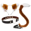Faux fur fox ear headband and tail set with a heart choker for Halloween cosplay party - Brown 3-Piece Set
