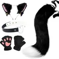 Complete black fox ear headband, heart choker, paw gloves and furry tail cosplay set - 4-Piece (Headband+Choker+Gloves+Tail) / Black & White 4-Piece Set