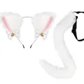 White faux fur animal ears headband and long tail set for Halloween cosplay costume - White 2-Piece Set