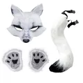 White wolf fox costume set with EVA mask, plush tail, and paw gloves for Halloween - Three-Piece Set / White