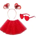 Complete red 1980s party costume set with heart sunglasses, pom headband and tutu - Set / Three-Piece Set / Red