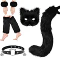 Black faux fur fox mask and tail accessory set including plush leg warmers for Halloween - Black 7-Piece Set / 22cm Leg Sleeves / Black