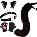 Complete black cat cosplay set with faux fur ears, tail, heart choker and paw gloves - 4-Piece (Headband+Choker+Gloves+Tail) / Black 4-Piece Set