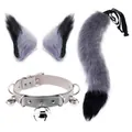Grey faux fox fur animal ears and tail set with leather bell collar cosplay costume - Three-Piece Set / Gray