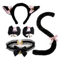 Cute black furry cat cosplay set with bell ears tail paws and lace choker for Halloween - Black Polar Fleece Headband Five Piece Accessories
