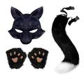 Realistic black wolf mask, faux fur tail and paw gloves set for Halloween cosplay dress up - Three-Piece Set / Black