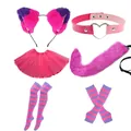 6-piece pink and purple striped cosplay set featuring faux fur ears, tail, and tutu - Purple 6-Piece Set (Skirt Style)