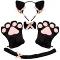 4pcs cute black plush cat ear headband tail gloves cosplay set with pink bows and bells - Black Large Gloves Five Piece Accessories
