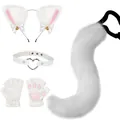 Professional white faux fur cat ears and tail cosplay costume set with pink paw gloves - 4-Piece (Headband+Choker+Gloves+Tail) / White 4-Piece Set