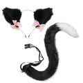 Black faux fur cat ear headband with pink bows and matching tail for Halloween cosplay - Black 2-Piece Set