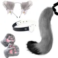 Grey faux fur cat ear headband with heart choker paw gloves and tail set for Halloween - 4-Piece (Headband+Choker+Gloves+Tail) / Grey 4-Piece Set