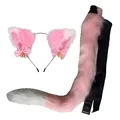 Pink and white faux fur cat ear headband and tail cosplay costume accessory set - Pink Two-Piece Set