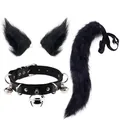 Premium black faux fur fox cosplay set including fuzzy ears long tail and leather bell choker - Three-Piece Set / Black