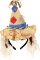 Vista detallada de la diadema con sombrero de espantapájaros, parches y flecos de rafia - Diadema de Parches de Bruja