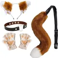 Realistic brown and white faux fur fox ears tail set with heart collar and paw gloves - Brown 4-Piece Set