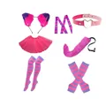 Pink and purple striped fox cosplay accessory set with ears headband tutu skirt and faux fur tail - Purple 7-Piece Set (Skirt Style)