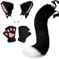 Realistic black and pink faux fur cat ear headband tail and paw glove set for cosplay - Black & White 3-Piece Set