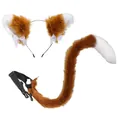 Faux fur fox ears headband and tail cosplay set with bows and bells for Halloween - Brown Two-piece Set