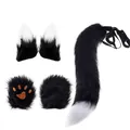 Black and white faux fur fox ears tail and paws set for Halloween cosplay performance - 3-Piece Glove Set / Black and White